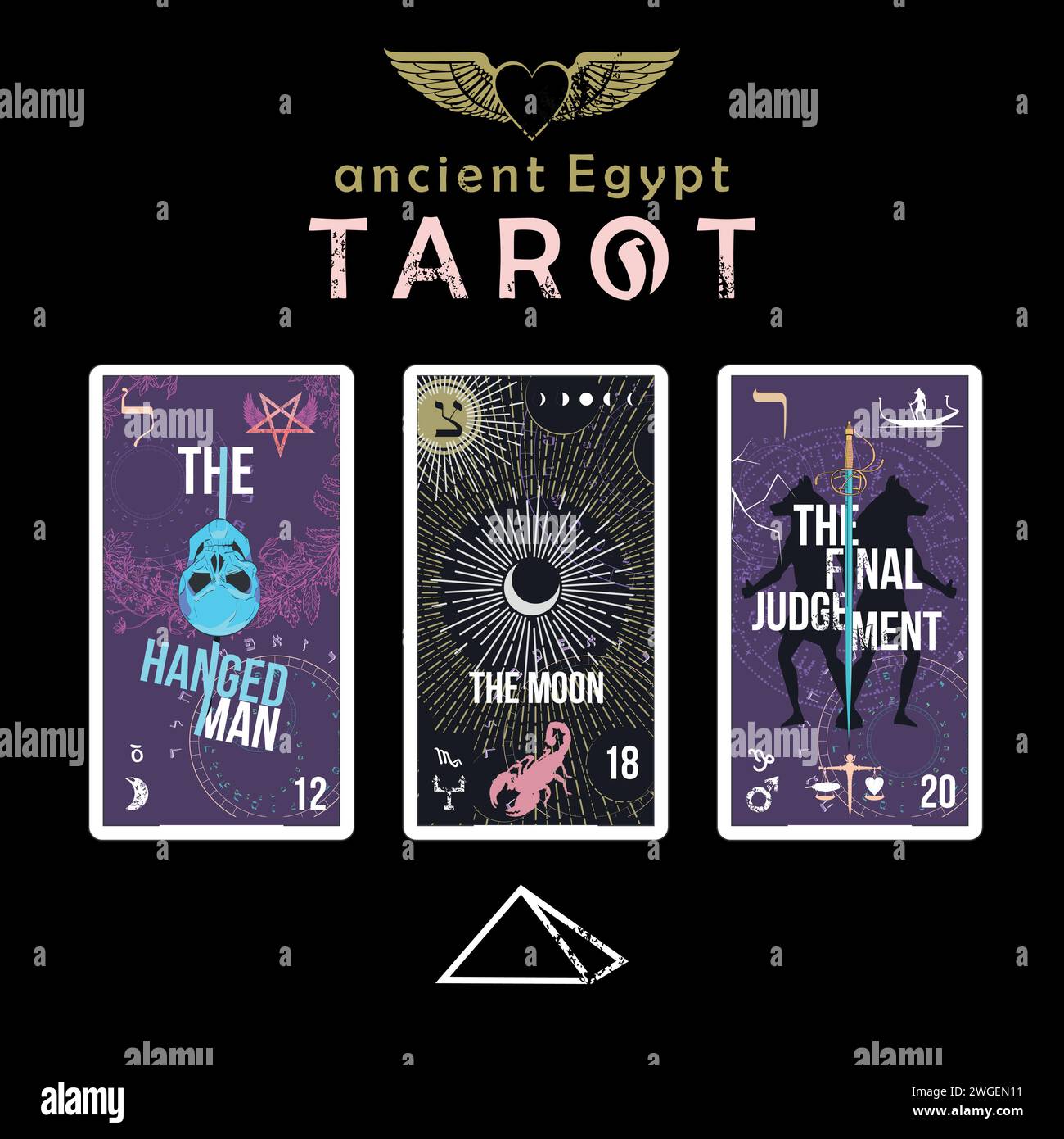 Tarot of ancient Egypt. T-shirt design with three Egyptian tarot cards on a black background. Winged heart Stock Vector