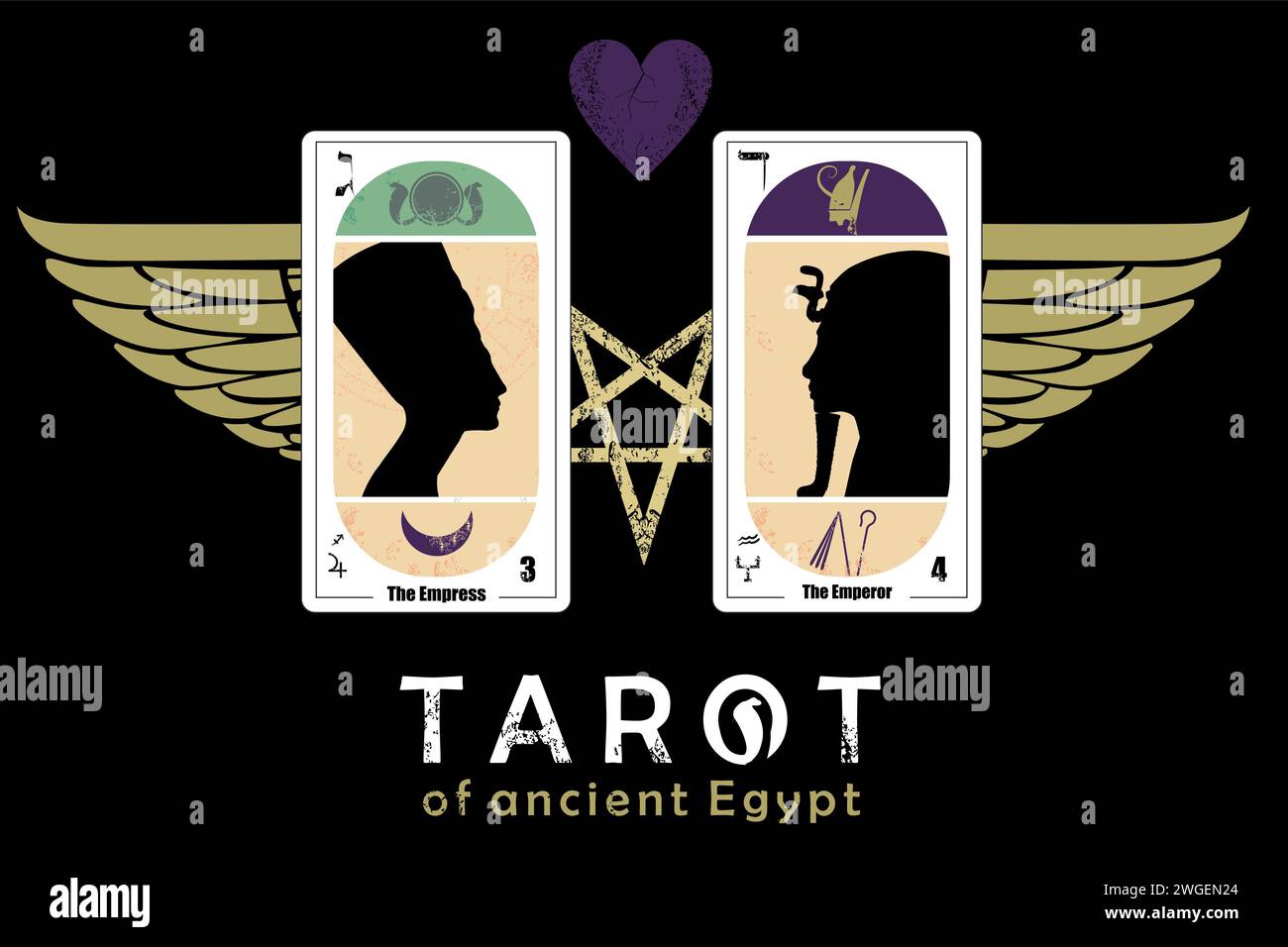 Tarot of ancient Egypt. T-shirt design of the cards called The Empress and The Emperor along with a star, wings and a heart Stock Vector