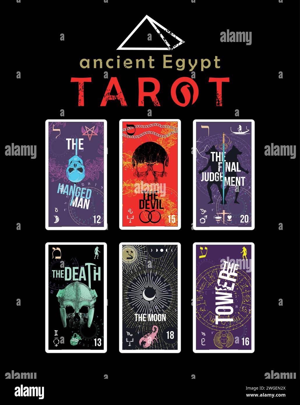 Design for a six-card Egyptian tarot t-shirt. The hung man, the devil, the final judgement, the death, the moon and the tower. Stock Vector