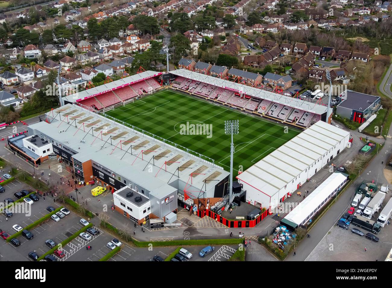 Aerial view of the Vitality Stadium at Kings Park at Bournemouth in Dorset which is the home of Premier League football club AFC Bournemouth. Stock Photo