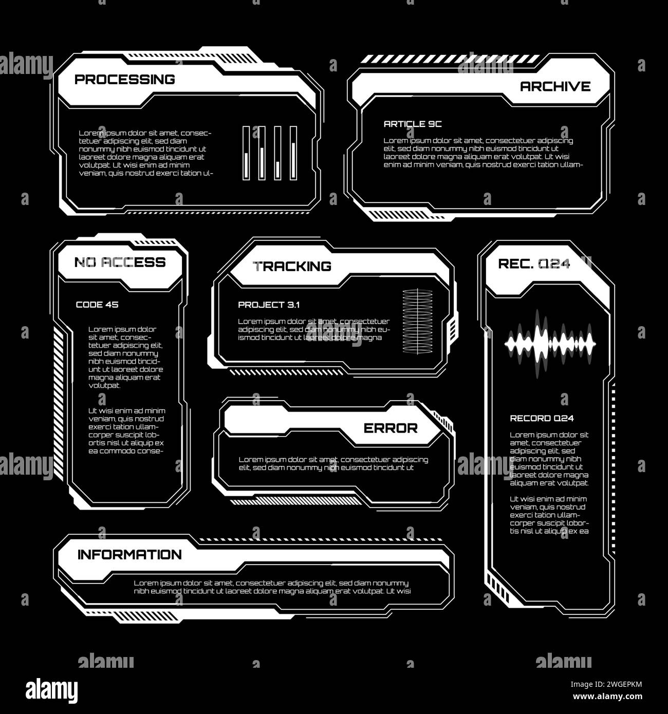 White futuristic HUD, UI elements. Sci-fi user interface text boxes ...