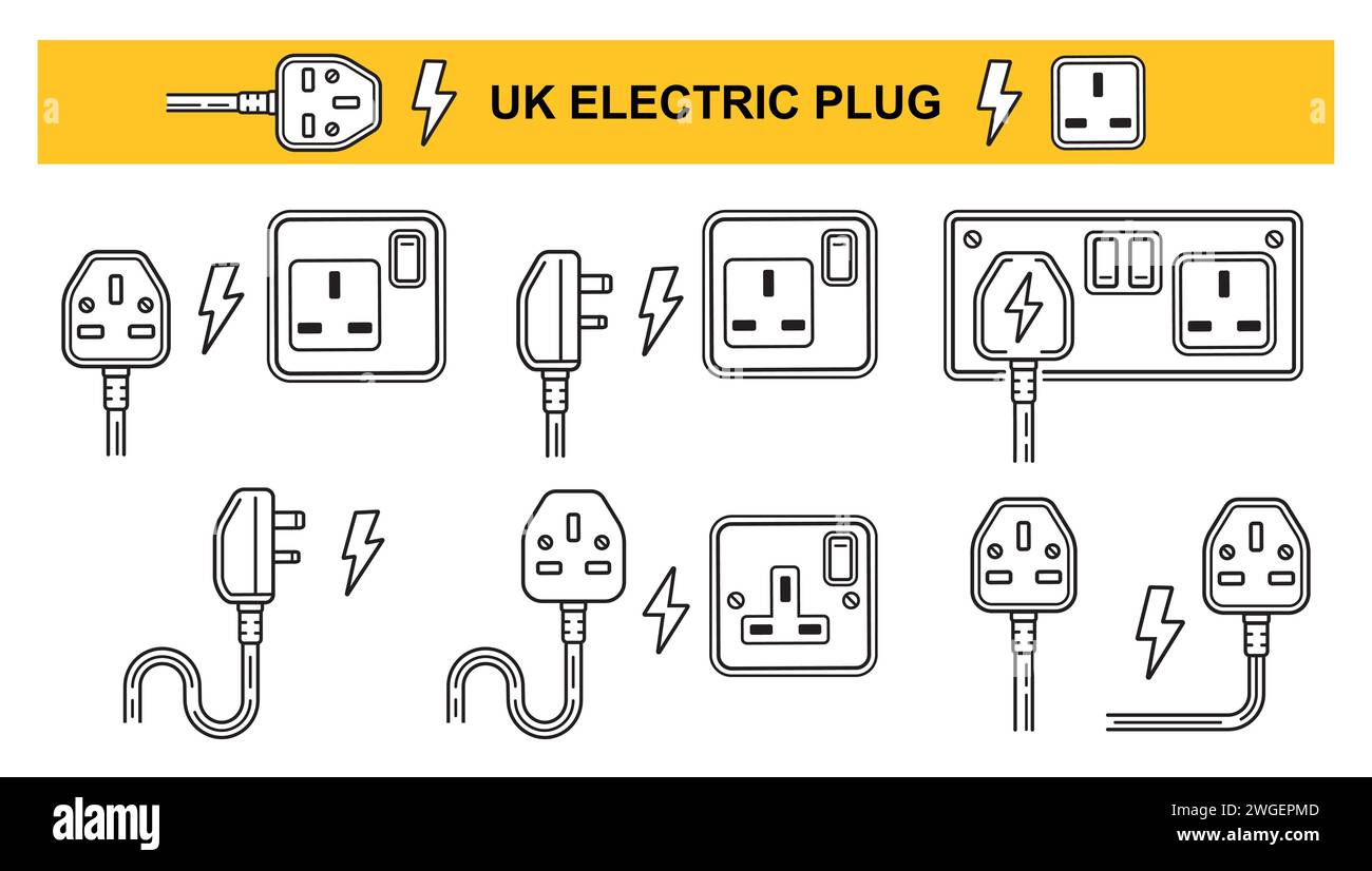 UK electric plug socket, British electrical power outlet line icon set. English ac cable connector. Electricity energy. Electro equipment wire. Vector Stock Vector