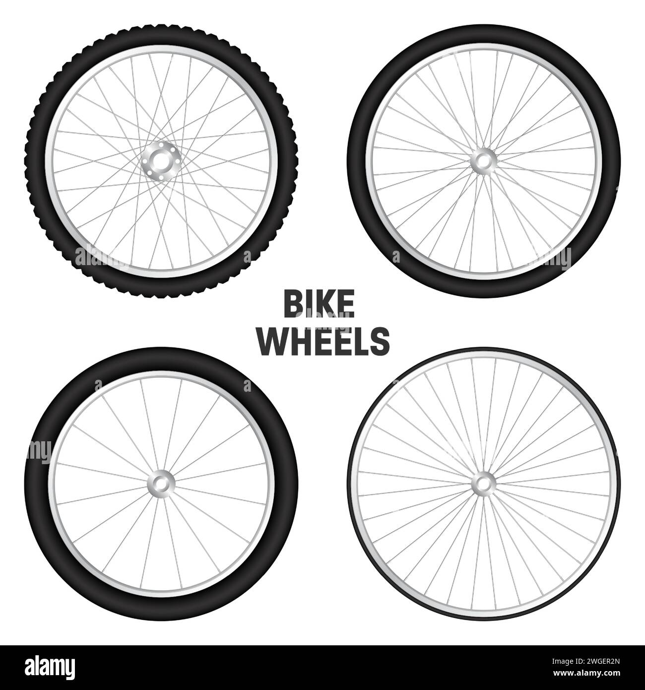 Realistic 3d bicycle wheels. Bike rubber tyres, shiny metal spokes and