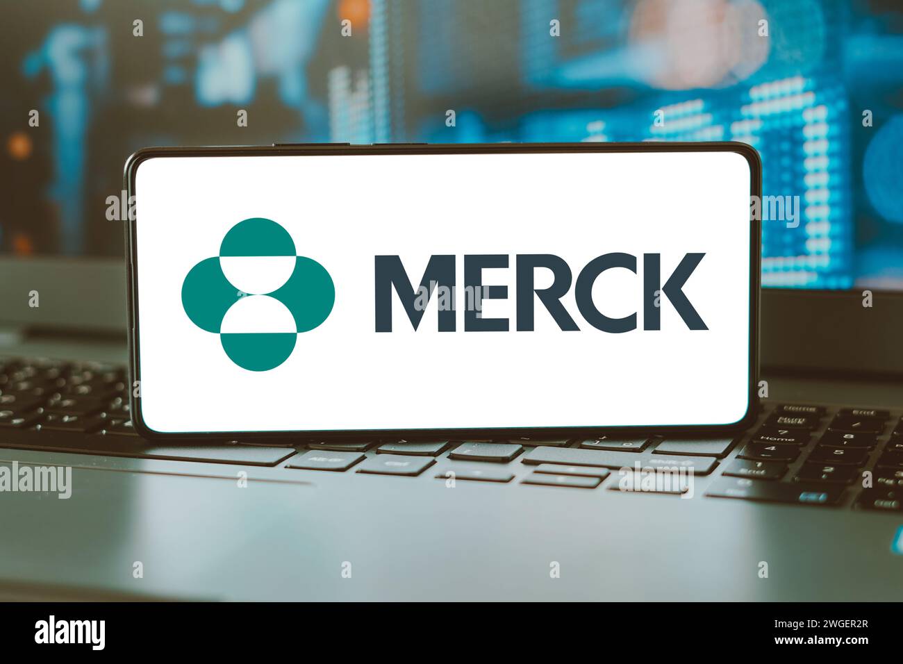 In this photo illustration, the Merck Sharp and Dohme logo is displayed on a smartphone screen. Stock Photo