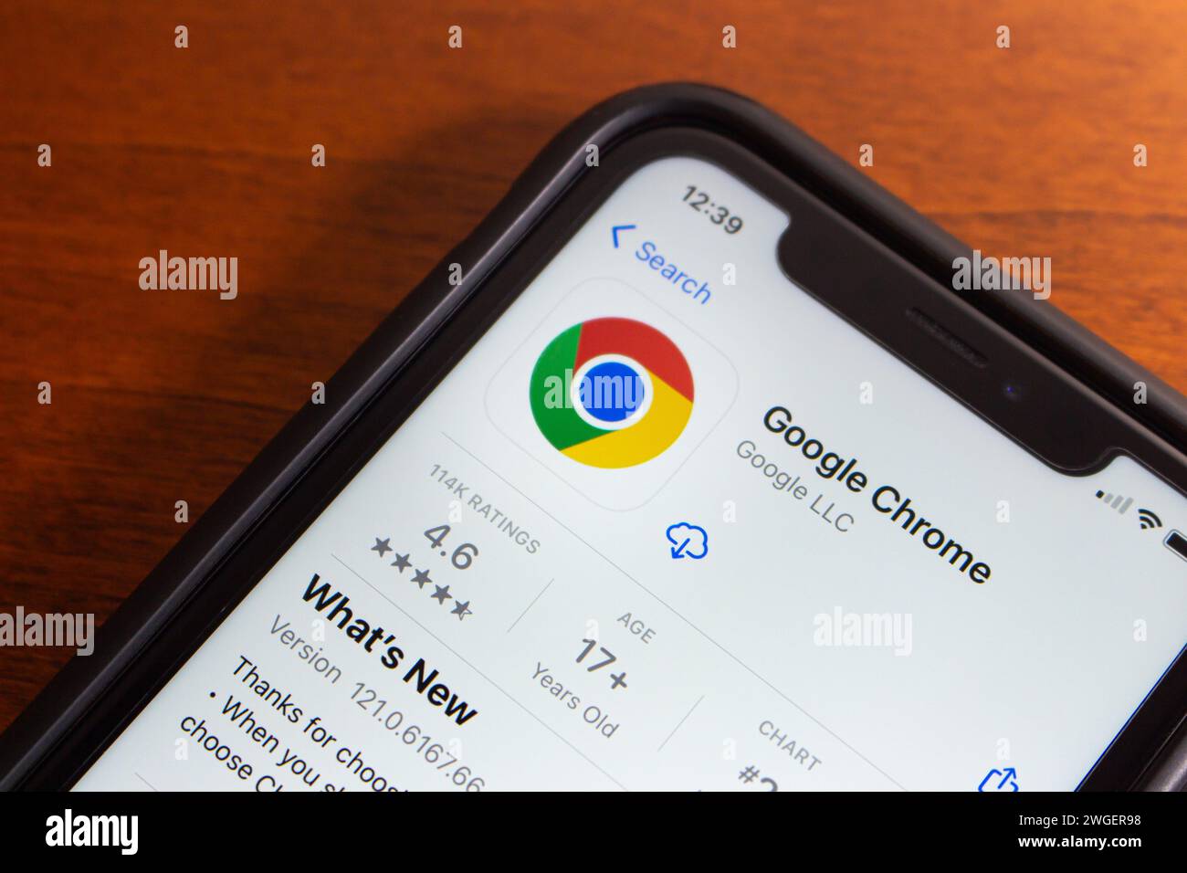 Vancouver, CANADA - Jan 29 2024 : Google Chrome app seen in App Store on an iPhone screen. Google Chrome is a web browser developed by Google Stock Photo