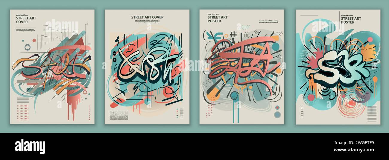 Abstract street art grunge graffiti style poster with letter spray scribbles paint splashes and ink stains. Set and collection of modern covers.Banner Stock Vector