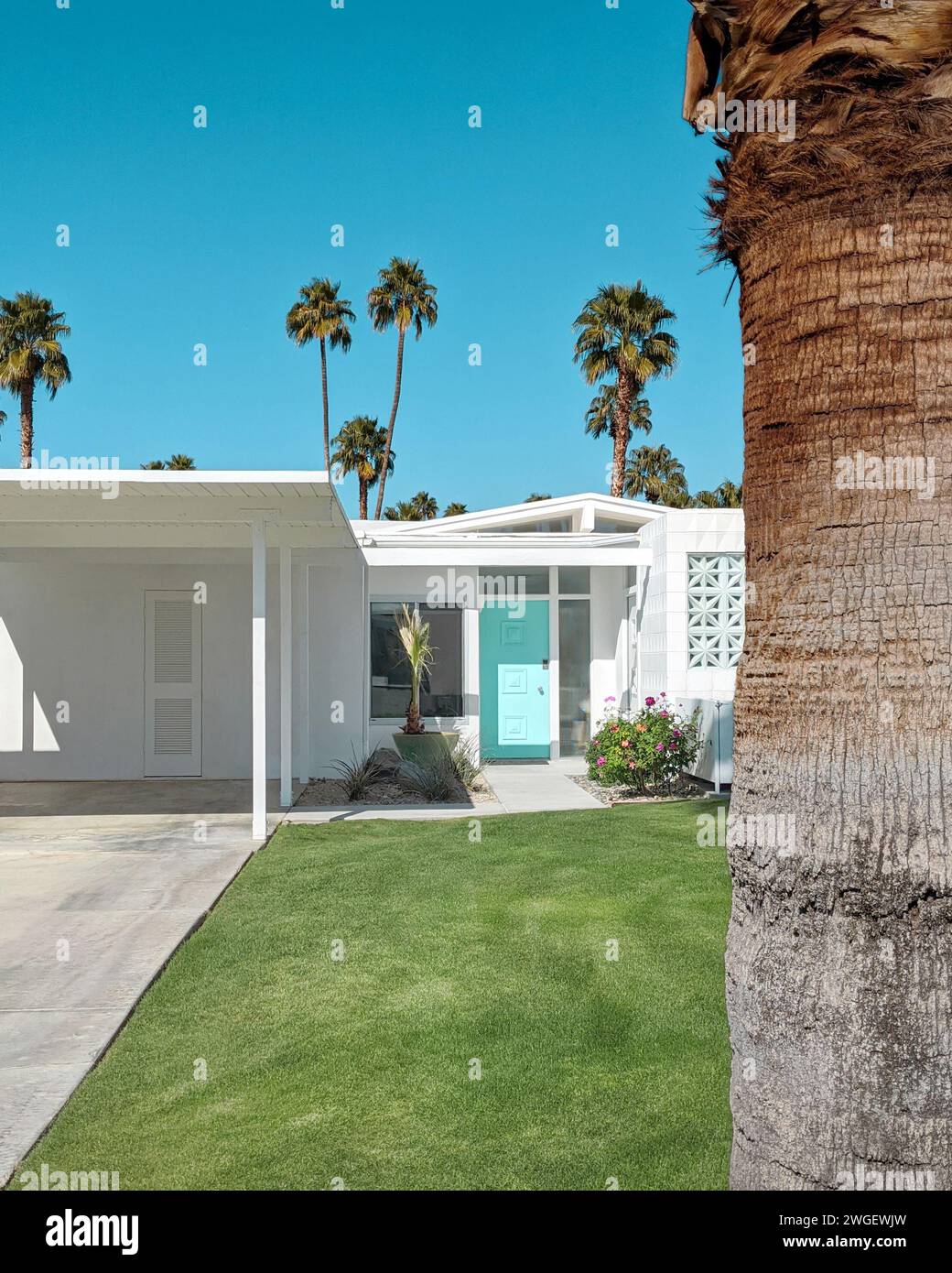 White mid-century modern home with a blue green door in Palm Springs