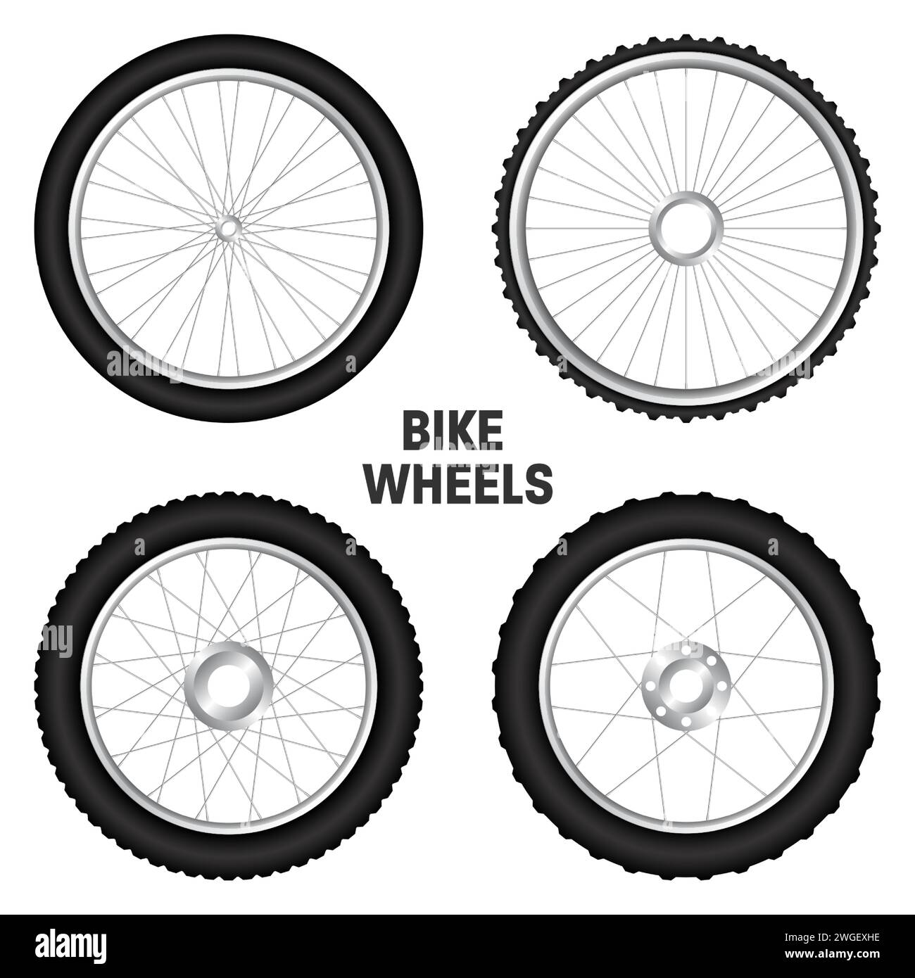 Realistic 3d bicycle wheels. Bike rubber tyres, shiny metal spokes and