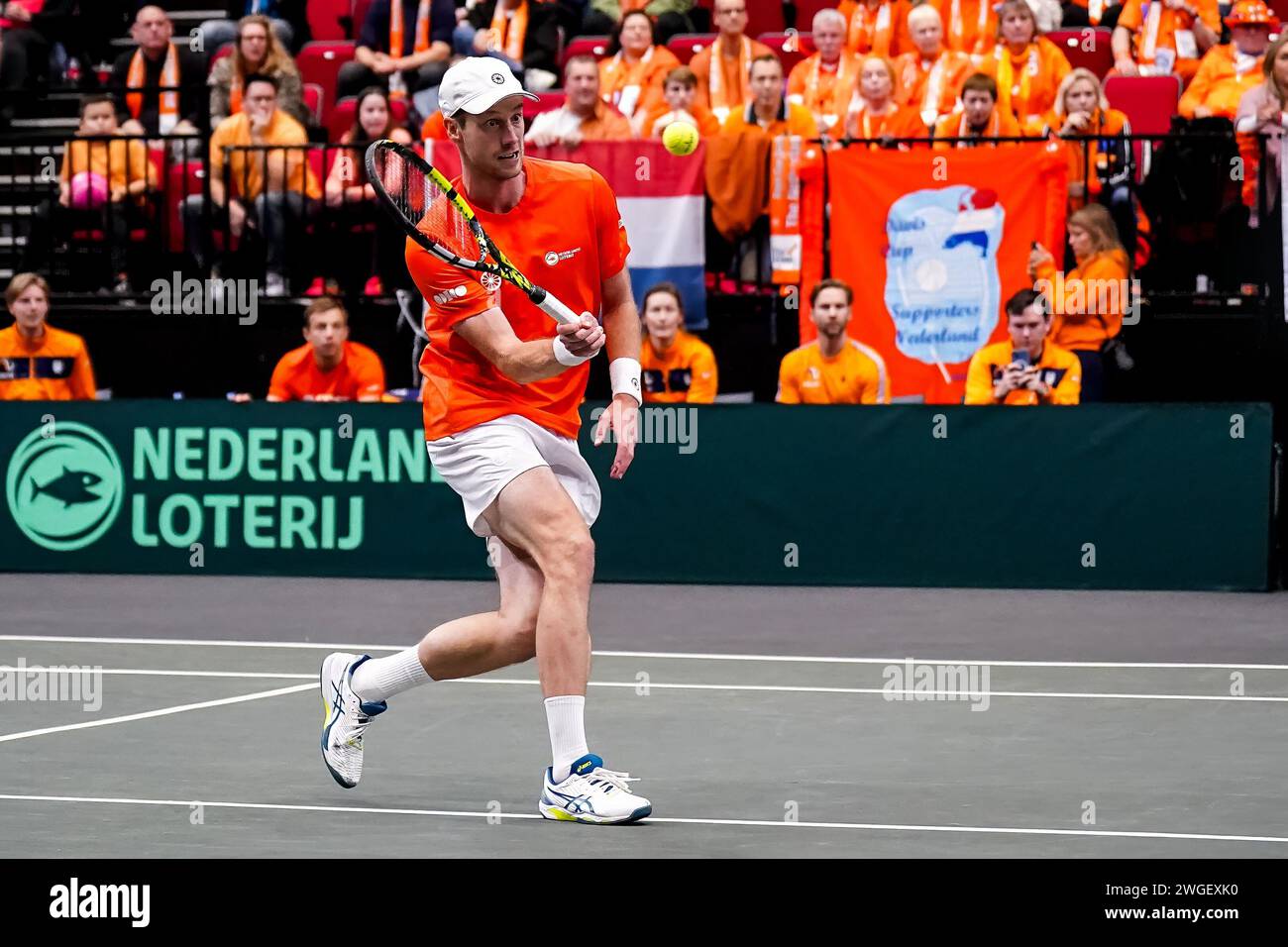 Groningen, Netherlands. 03rd Feb, 2024. GRONINGEN, NETHERLANDS - FEBRUARY 3: Botic van de Zandschulp of the Netherlands plays a volley in his singles match against Marc-Andrea Huesler of Switzerland during day 2 of the 2024 Davis Cup Qualifiers match between Netherlands and Switzerland at the Martiniplaza on February 3, 2024 in Groningen, Netherlands. (Photo by Rene Nijhuis/BSR Agency) Credit: BSR Agency/Alamy Live News Stock Photo