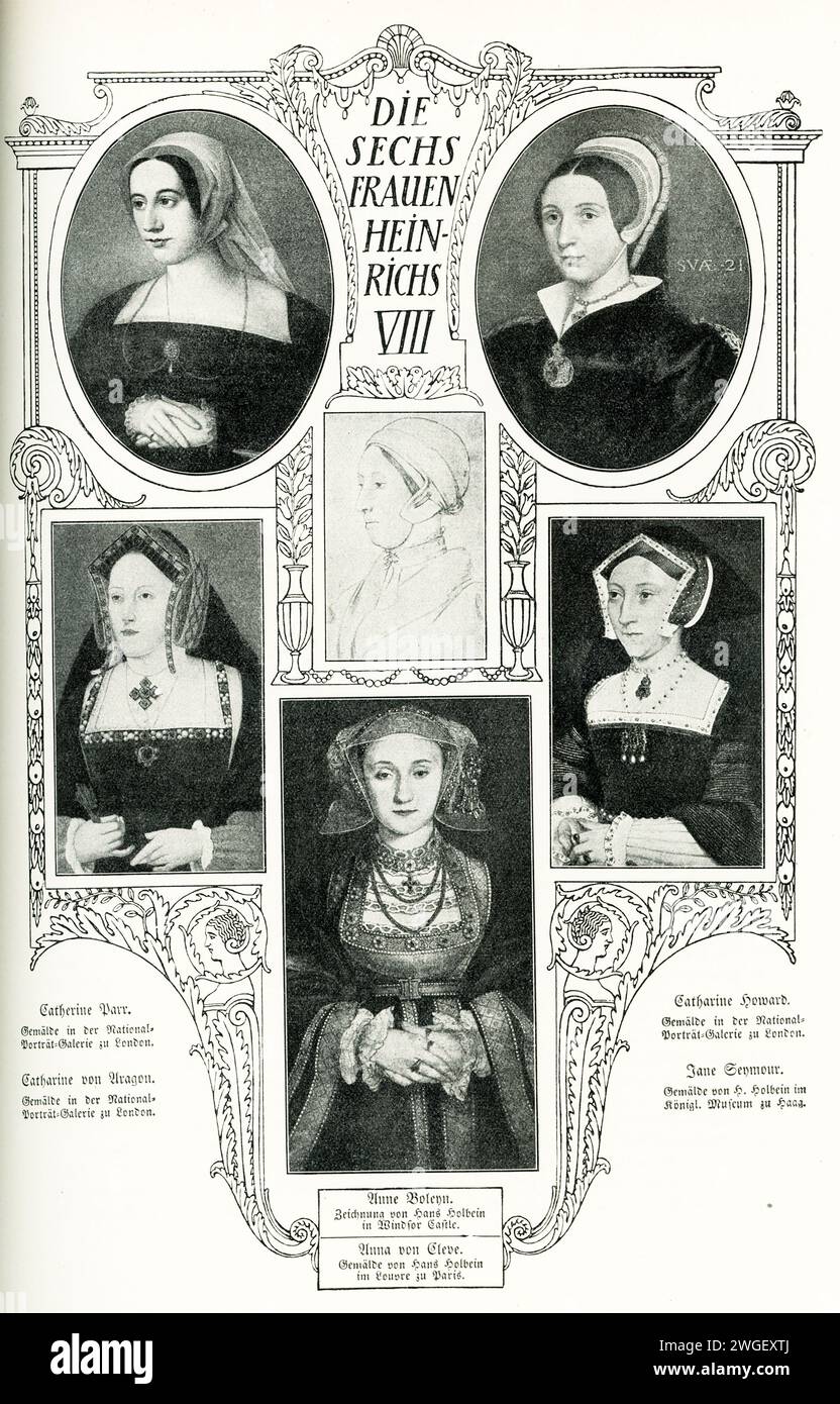 Shown here are the six wives of England's King Henry VIII. They are from left (top bottom): Catherine Parr [painting in National Gallery in London], Catherine of Aragon [painting in the National Portrait Gallery in London]; middle (top, bottom): Anne Boleyn: sketch by Hans Holbein in Windsor Castle, Anne of Cleve  [painting by Hans Holbein in Louvre in Paris]; to right (top, bottom): Catherine Howard [painting in National Gallery in London], Jane Seymour [painting by Hans Holbein in Royal Museum in Prague. Stock Photo