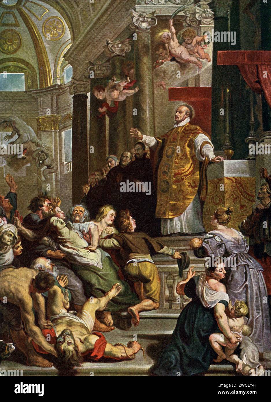 This painting by Peter Paul Rubens (1577-1640) shows Ignatius Loyola healing those who are obsessed. It is often titled: Miracles of Saint Ignatius of Loyola. It hung in Belgium on the high altar of Antwerp’s Jesuit Church. Ignatius of Loyola, was a Spanish Catholic priest and theologian, who, with six companions. He founded the religious order of the Society of Jesus, and became its first Superior General, in Paris in 1541. Peter Paul Rubens (died 1640) was a Flemish artist and diplomat. He is considered the most influential artist of the Flemish Baroque tradition. Rubens's highly charged com Stock Photo
