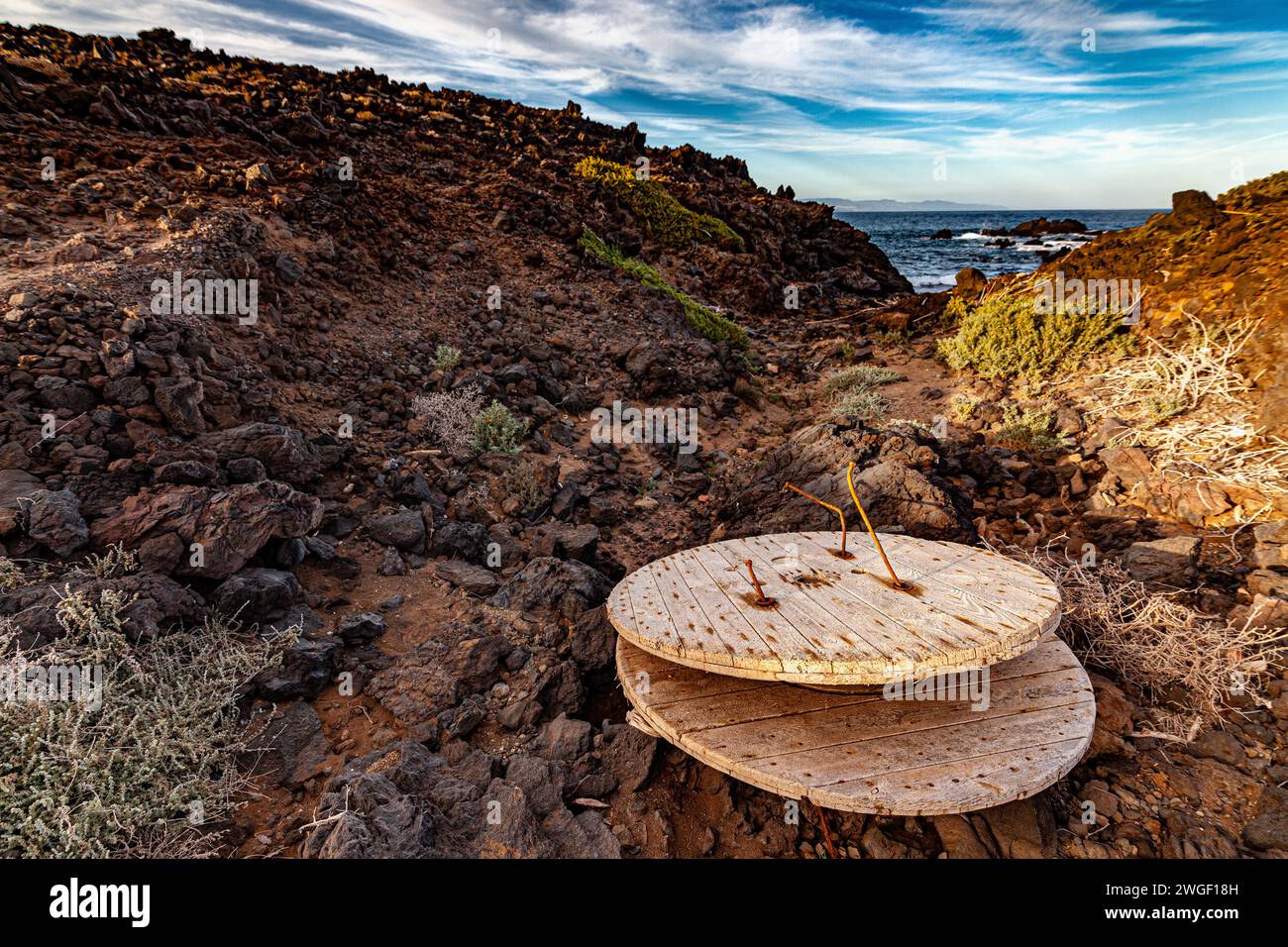 Litter in coastal environment of Porís de Abona (Tenerife island) Stock Photo