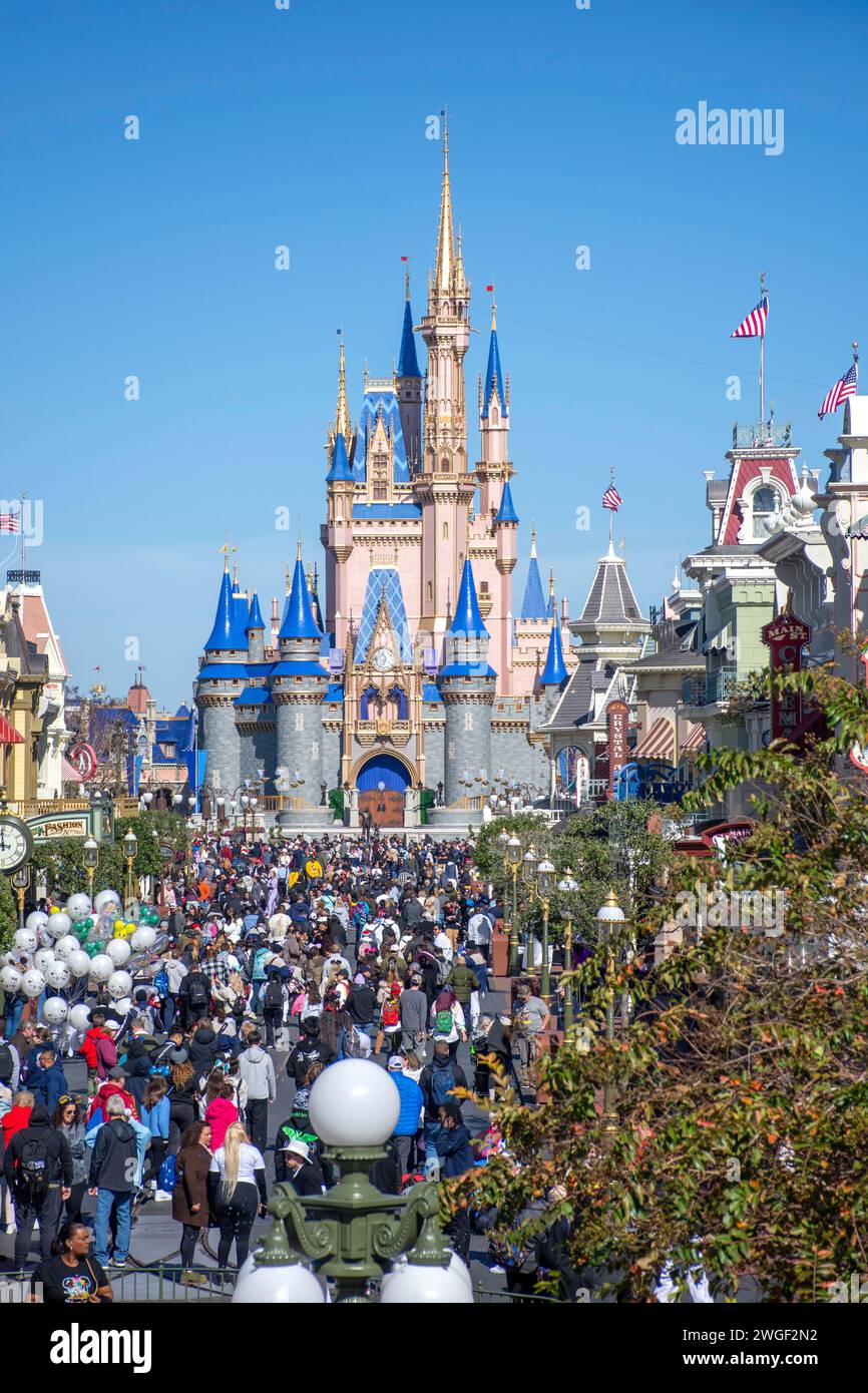 Cinderella's Castle from Main Street, U.S.A, Magic Kingdom, Walt Disney World Resort, Orange County, Orlando, Florida, United States of America Stock Photo