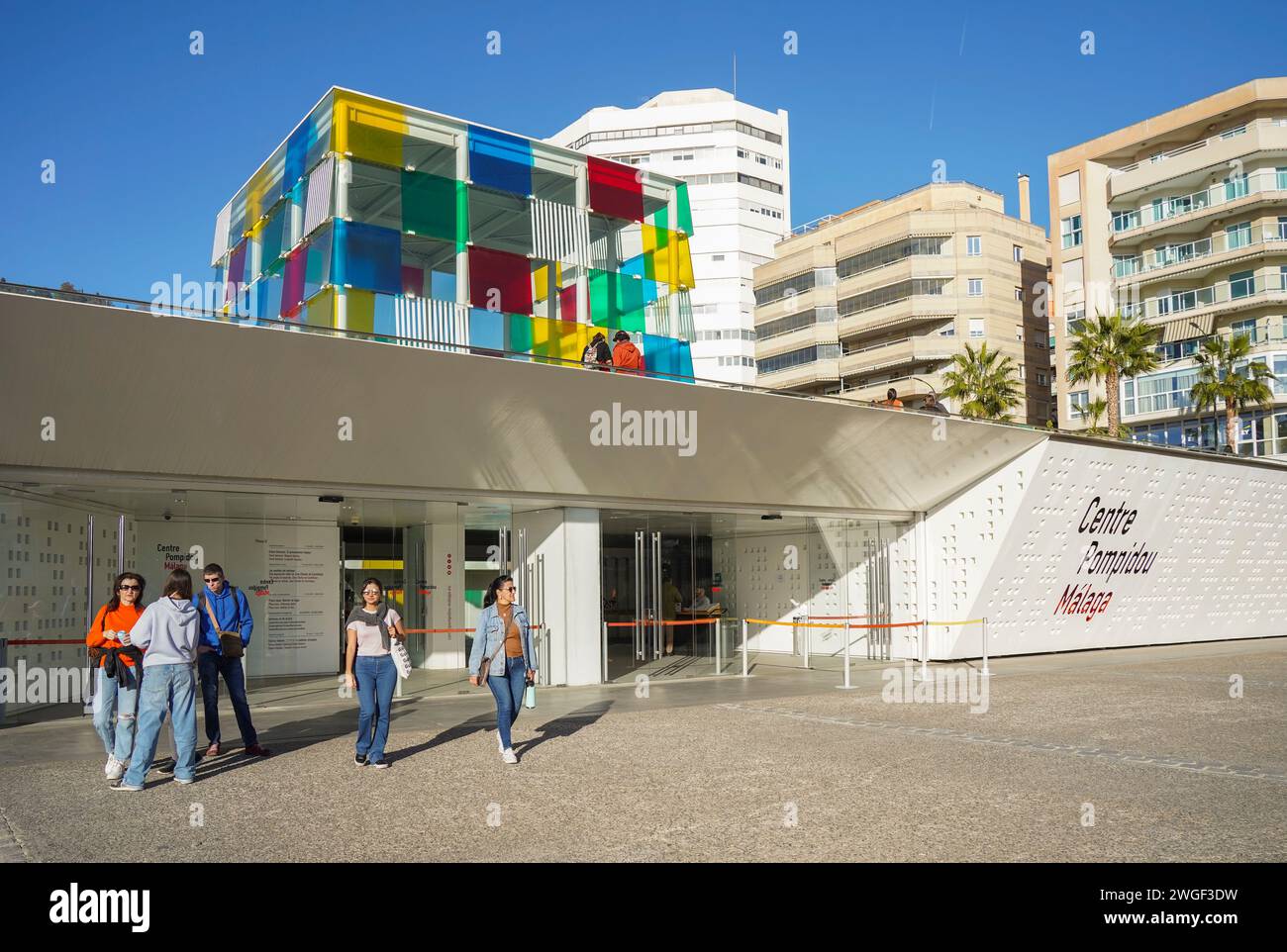 Entrance Pompidou Malaga centre, The Centre Pompidou, the cube, Pop up museum, at Muelle uno, port of Malaga, Andalusia, Spain. Stock Photo