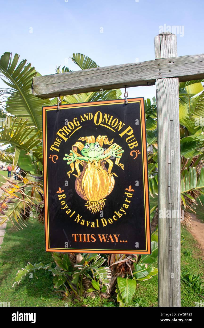 The Frog and Onion Pub sign, Victualling Yard, Royal Naval Dockyard