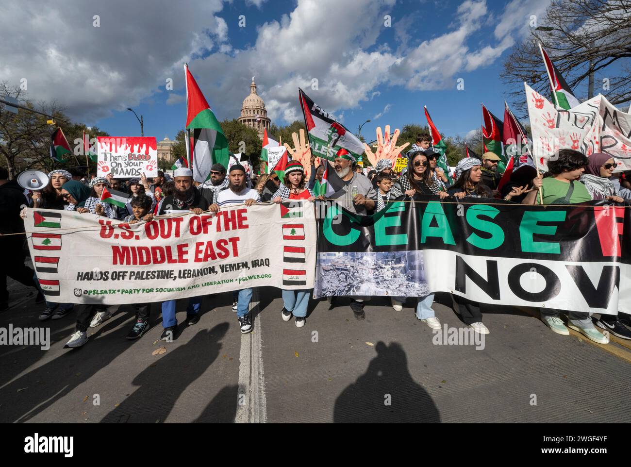 Austin Texas USA 4 Feb 2024 Several Thousand Supporters Of A Free   Austin Texas Usa 4 Feb 2024 Several Thousand Supporters Of A Free Palestine And Advocates For A Middle East Cease Fire Rally At The Texas Capitol Afterwards Marching On Congress Avenue Through Downtown Austin Signs Blaming President Joe Biden And Texas Governor Greg Abbott For The Bloodshed Were Carried By The Lead Marchers Credit Bob Daemmrichalamy Live News 2WGF4YF 