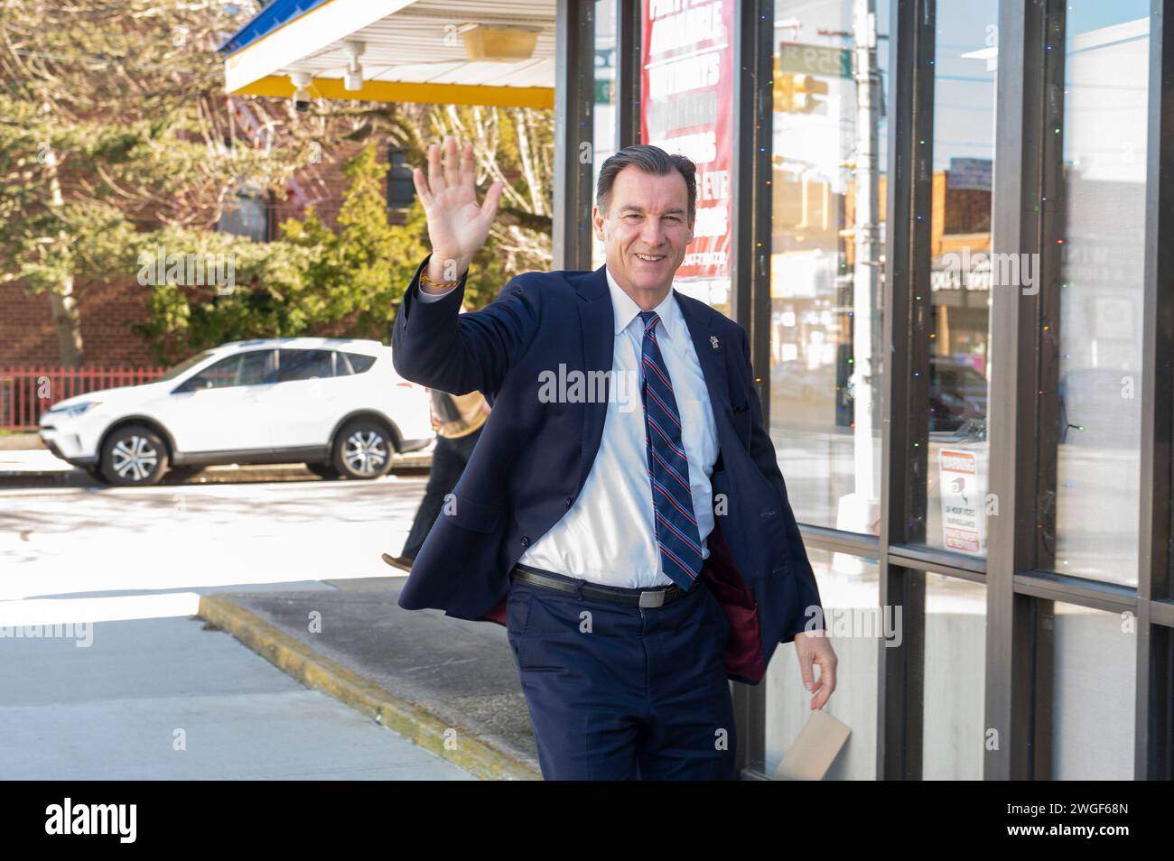 New York, New York, USA. 4th Feb, 2024. (NEW) Tom Suozzi Holds A Campaign Rally. February 4, 2024, Floral Park, New York, USA: Tom Suozzi arrives to an election rally on February 04, 2024 in Floral Park, New York. Early voting started Saturday February 3 for special election between Democrat's candidate former Rep. Tom Suozzi and Republican's candidate Mazi Pilip in the New York's 3rd congressional district to replace expelled Rep. George Santos. (Credit: M10s/TheNews2) (Foto: M10s/Thenews2/Zumapress) (Credit Image: © Ron Adar/TheNEWS2 via ZUMA Press Wire) EDITORIAL Stock Photo