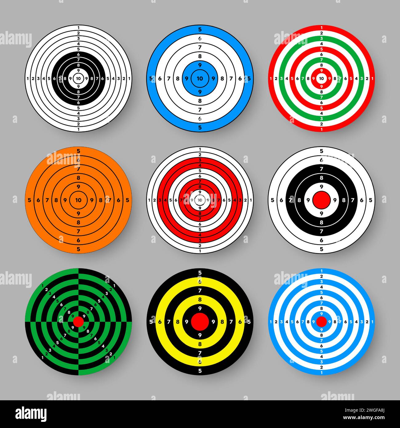 Shooting range paper targets. Round target with divisions, marks and numbers. Archery, gun shooting practise and training, sport competition and Stock Vector