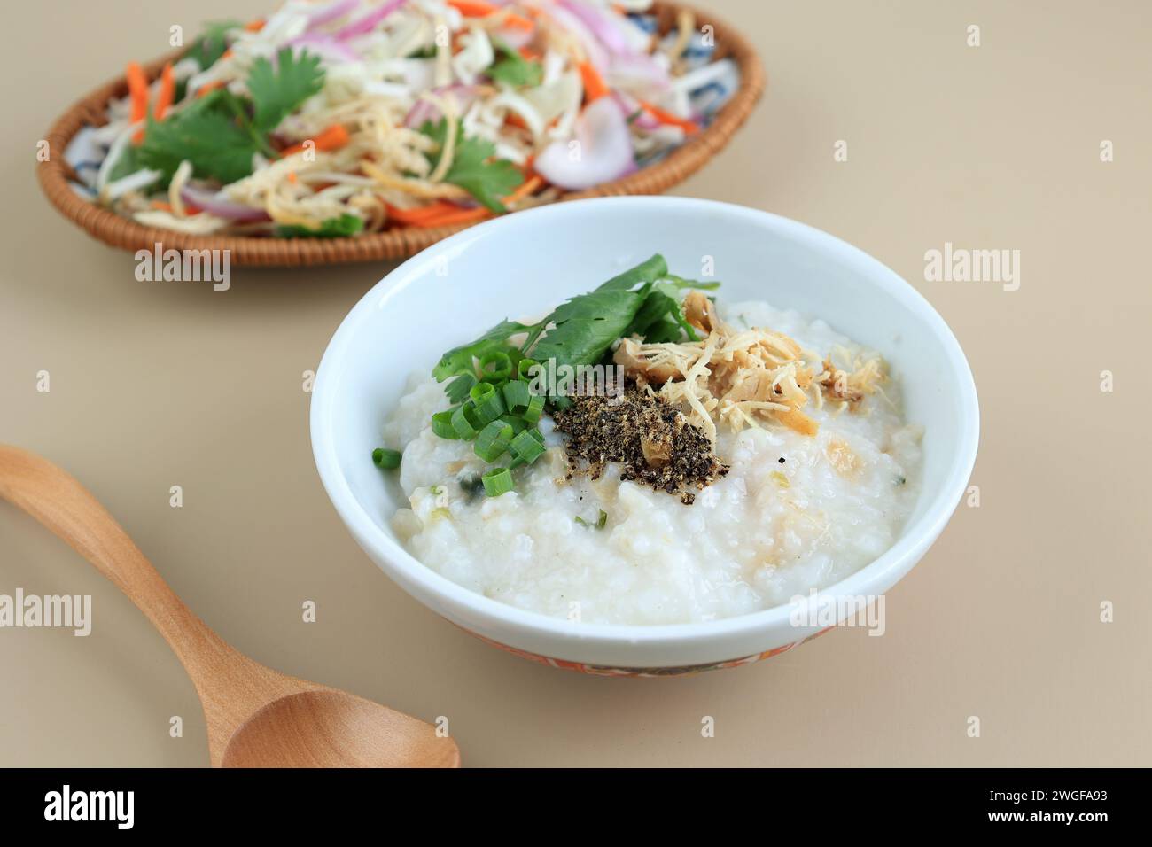 Chao Ga, Vietnamese Chicken Porridge, Served with Vietname Chicken Salad Goi Ga, Close Up Stock Photo