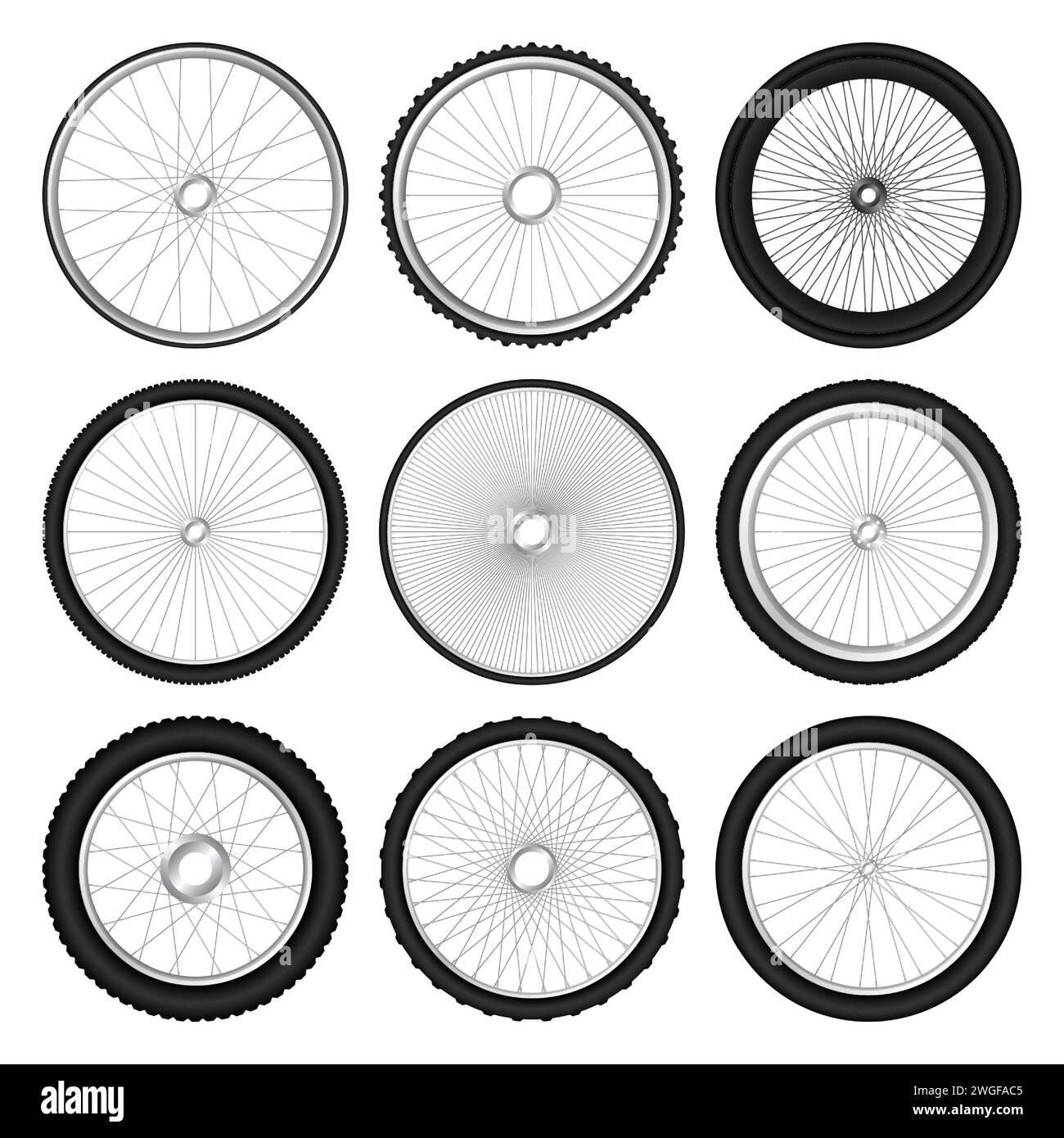 Realistic 3d bicycle wheels. Bike rubber tyres, shiny metal spokes and