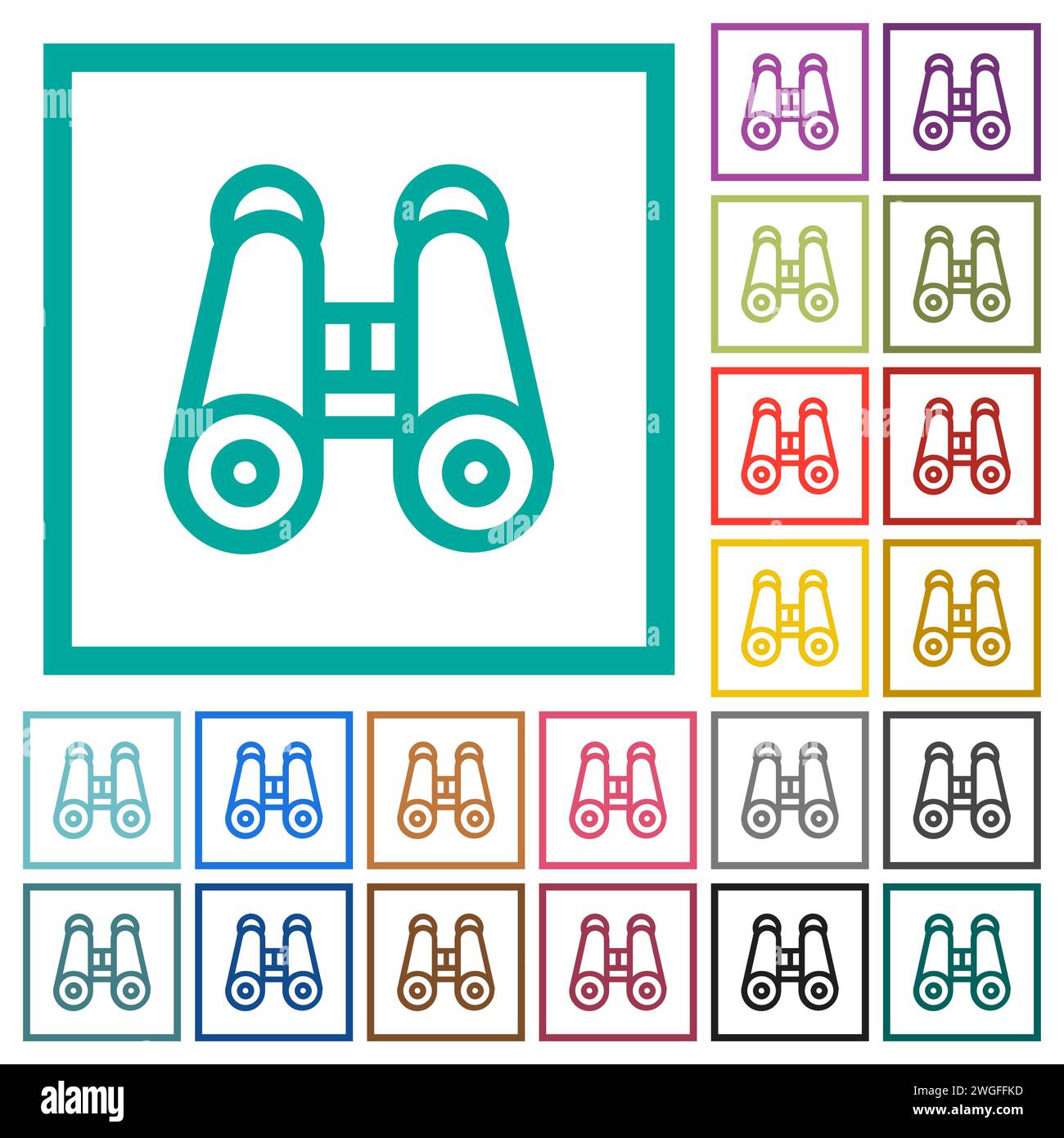 Binoculars outline flat color icons with quadrant frames on white background Stock Vector