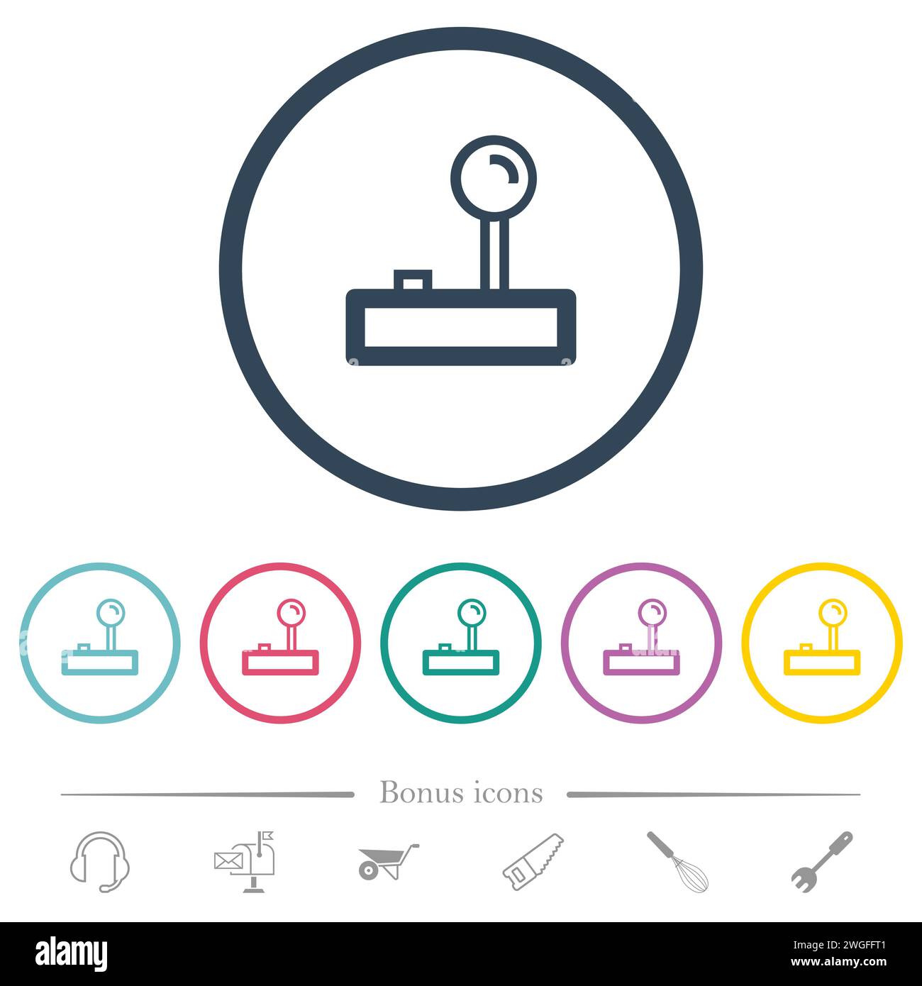 Retro joystick outline flat color icons in round outlines. 6 bonus icons included. Stock Vector