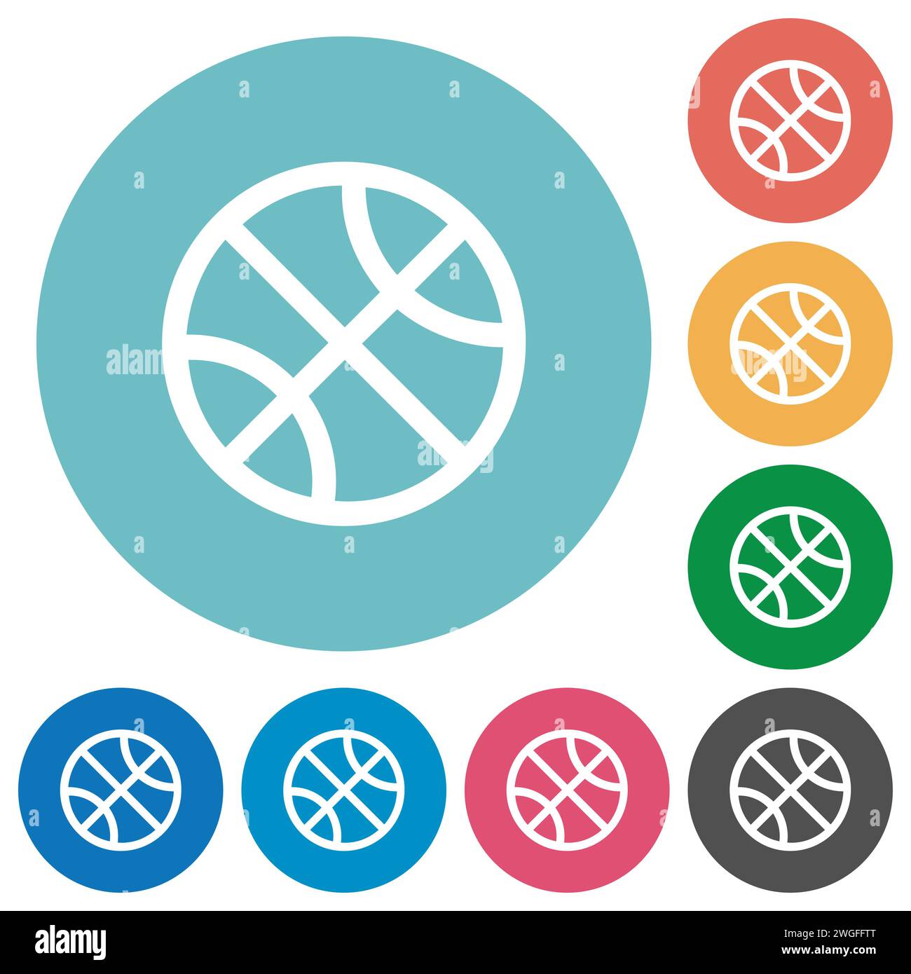 Basketball outline flat white icons on round color backgrounds Stock Vector