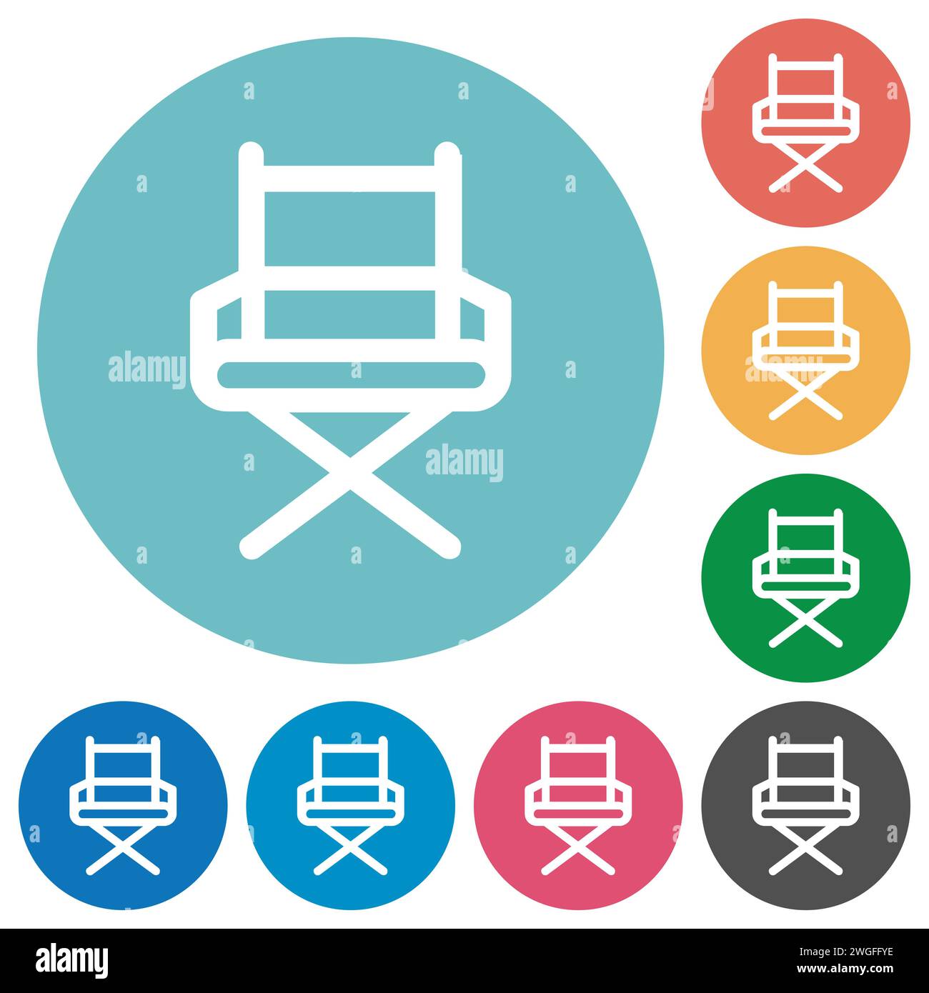 Director chair outline flat white icons on round color backgrounds