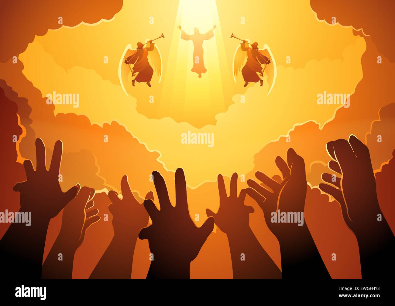 Biblical silhouette illustration series, God in the open sky with human