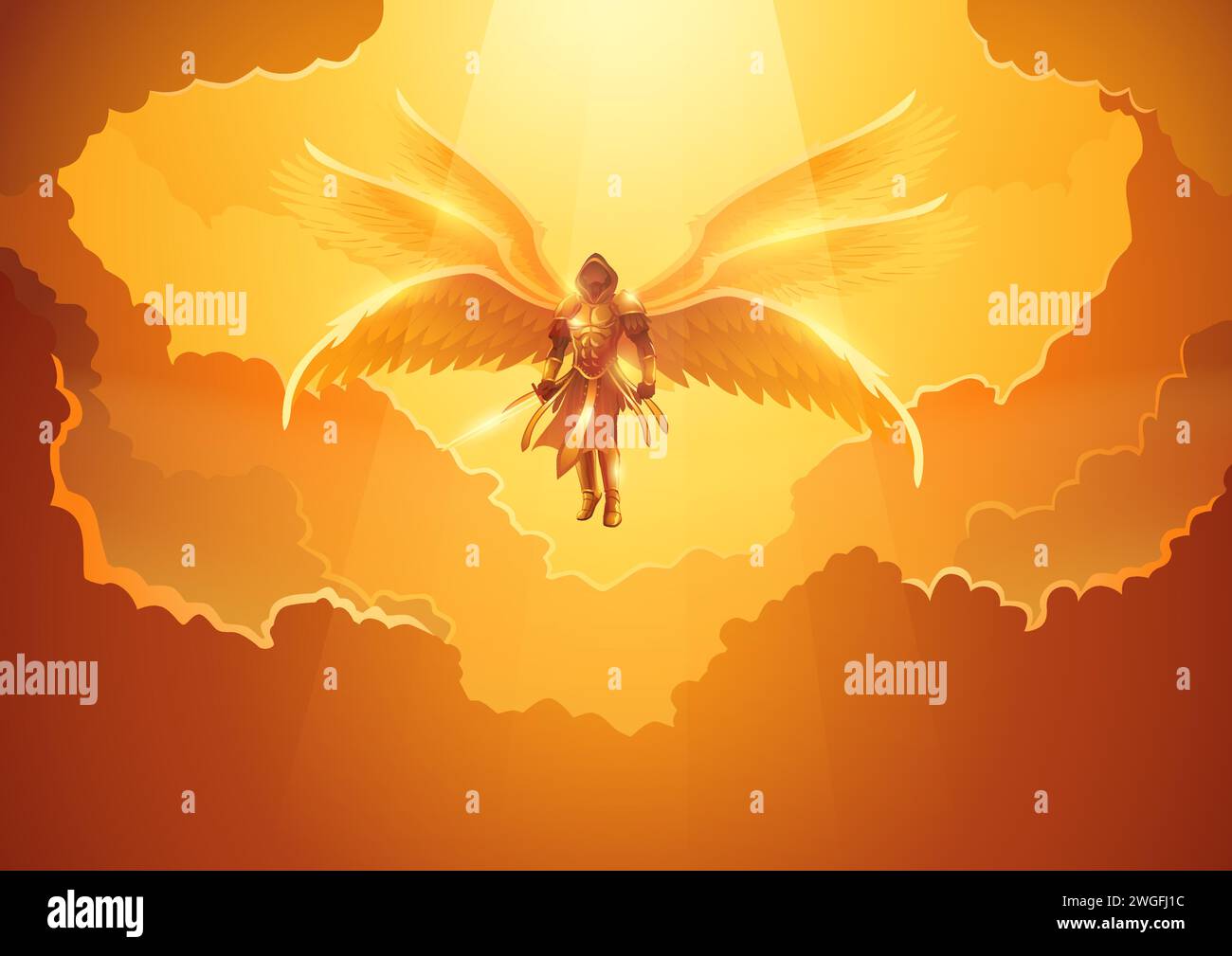 Fantasy art illustration of the Archangel with six wings holding a sword in the open sky Stock Vector