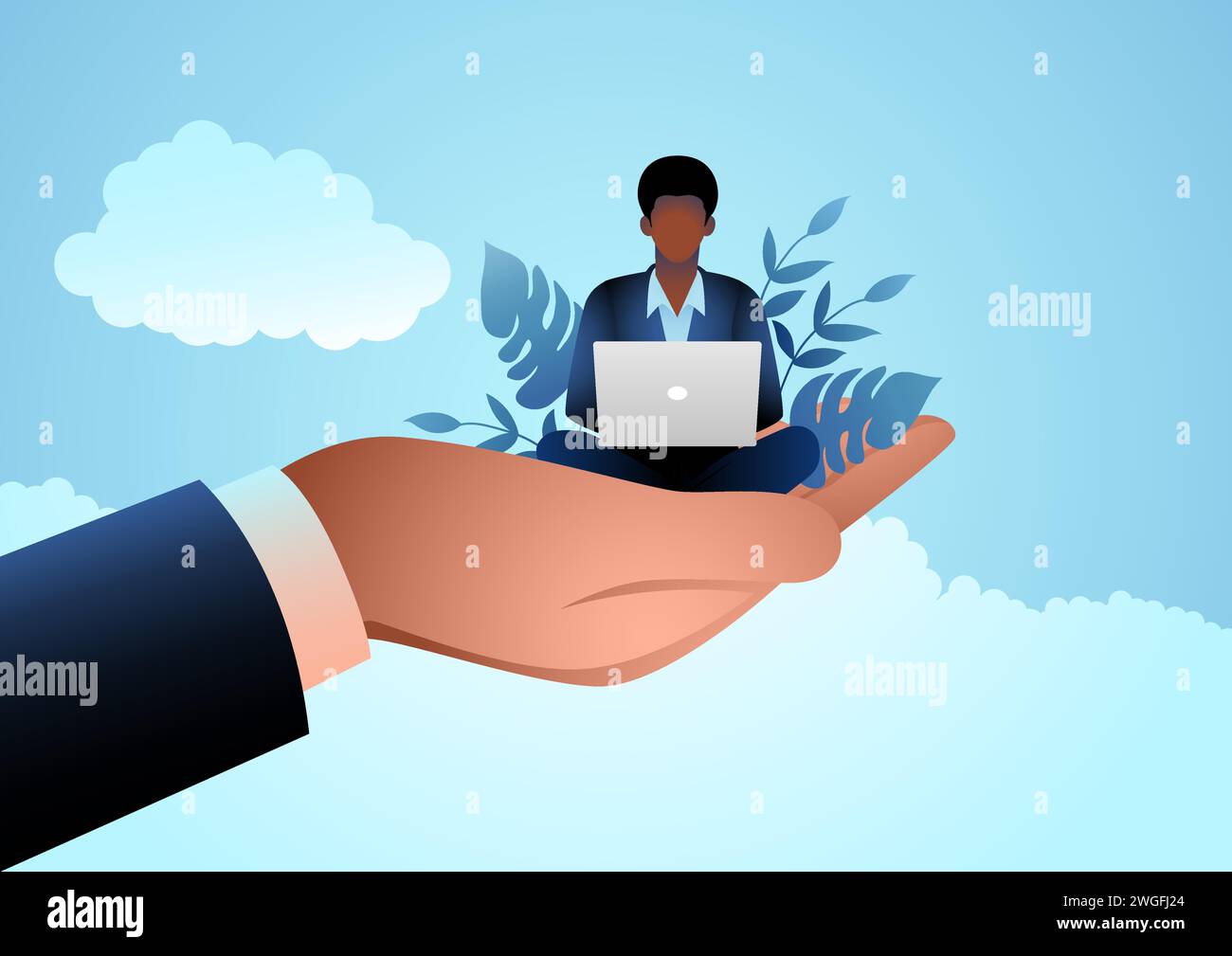 Giant hand holding a black businessman who works on laptop, blacks in the labor force, emotional benefits, employee care, corporate support for employ Stock Vector