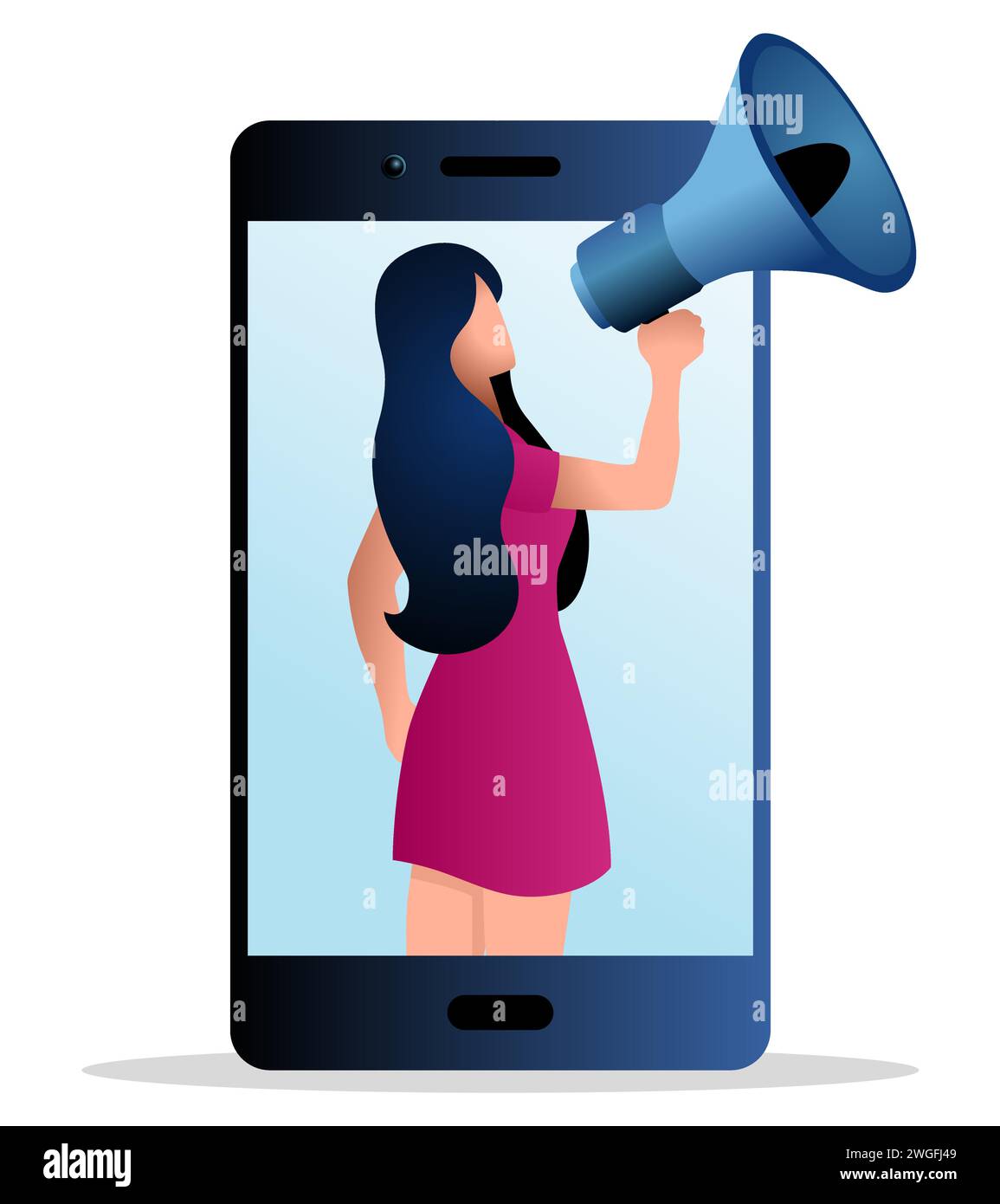 Female figure comes out from cellphone using megaphone, influencer, beauty flogger, self promotion on social media, vector illustration Stock Vector