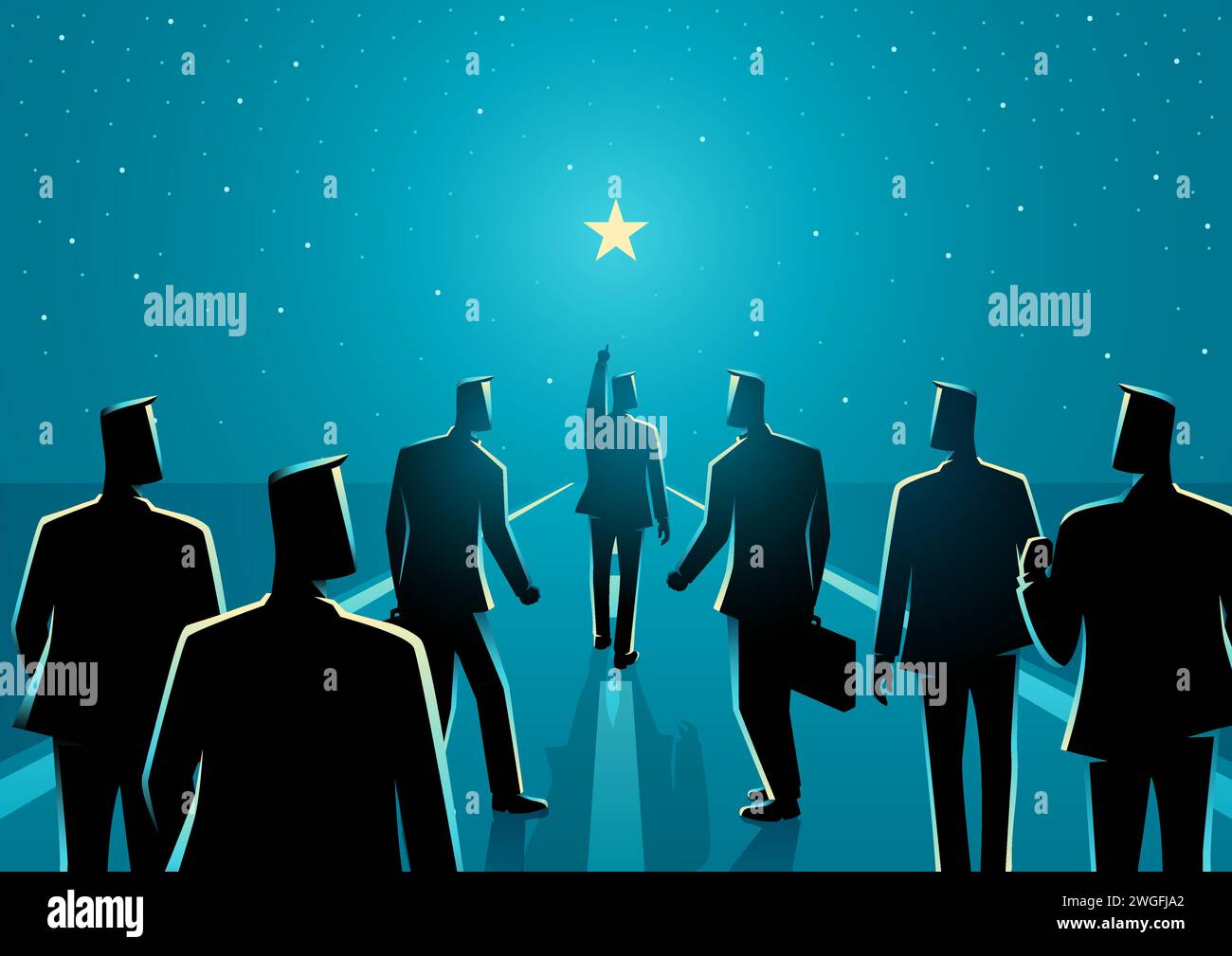 Man points to the star and leads his friends to follow him on his way
