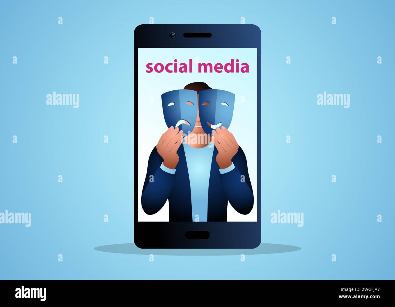 Picture of a man holding happy and sad face masks on social media profile, dissemblance, pretend, hypocrite, falsity on social media concepts Stock Vector