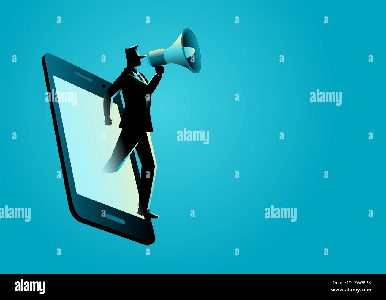 Man with long nose comes out from cellphone using megaphone, liar, hoax or fake news Stock Vector