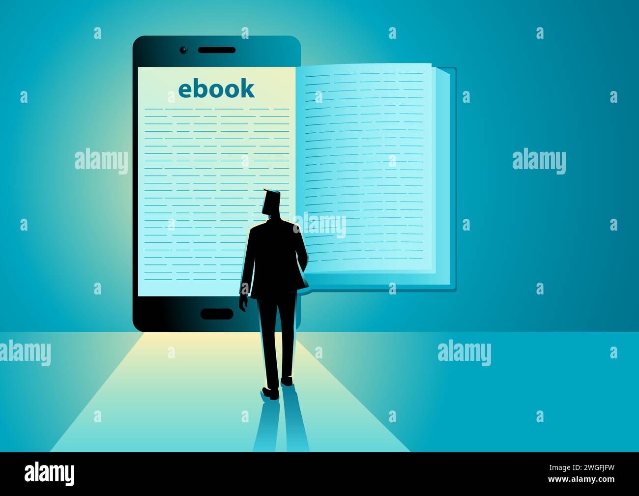 Back view of a man reading ebook, technology, literature, knowledge