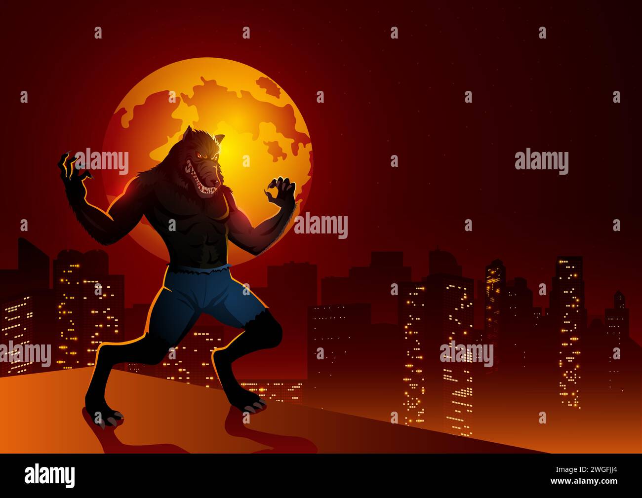 Werewolf Rooftops Silhouette of a werewolf standing on the edge of a building with night ...