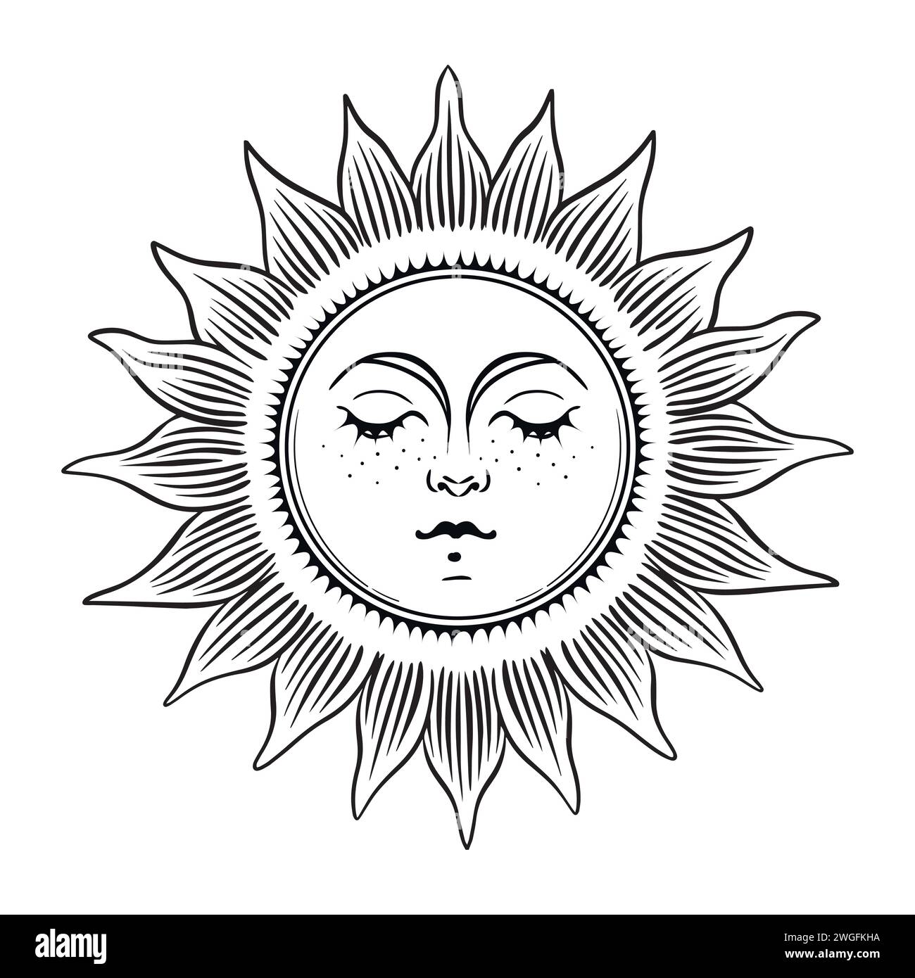 Mystical sun with face and wavy rays, celestial astrology logo, boho ...