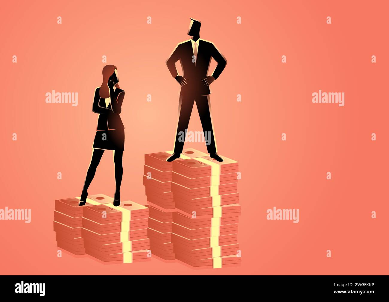 Businessman standing on higher stack of money than businesswoman, inequality between man and woman wage, gender issues in business Stock Vector
