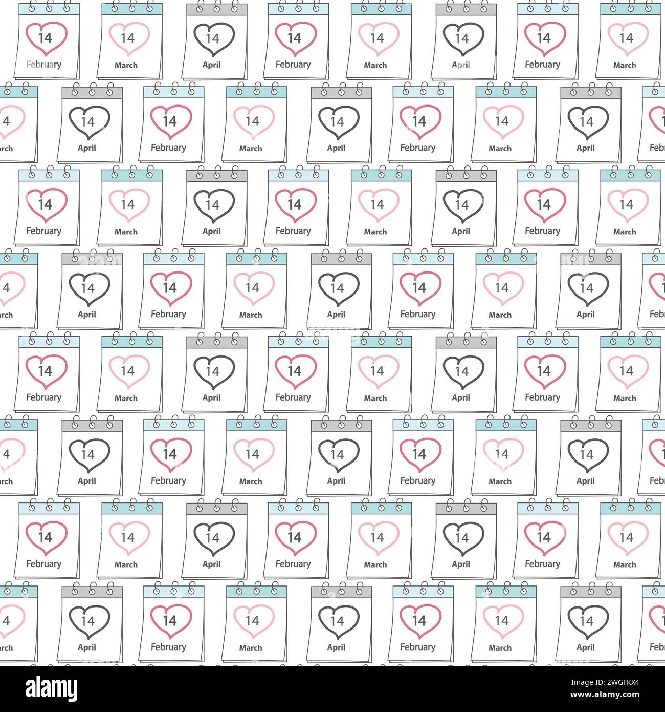 Seamless pattern of calendar pages with Valentines Day, White and Black Day date. Greetings idea. Isolate. EPS. Vector for backdrop, wallpaper, wrapping or web, poster, banner, cards, price, label Stock Vector