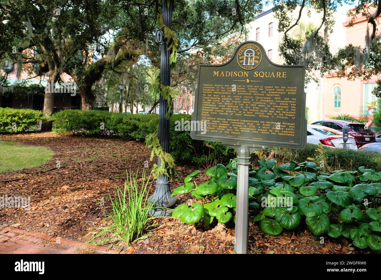 Bronze sign explaining the history of Madison Square in Savannah, Georgia; designed in 1837, laid out in 1839; historic district in downtown. Stock Photo