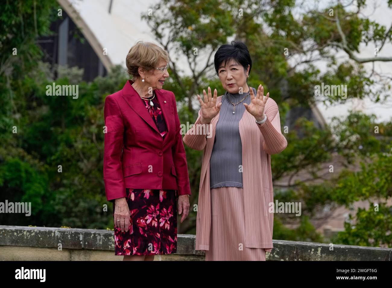 Tokyo Gov. Yuriko Koike, right, talks with the Governor New South Wales ...