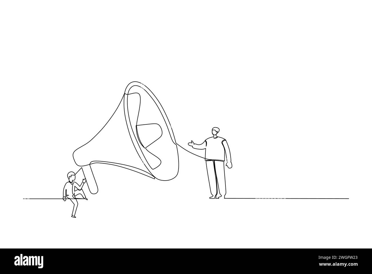 Continuous line drawing of a man speak to other using megaphone ...