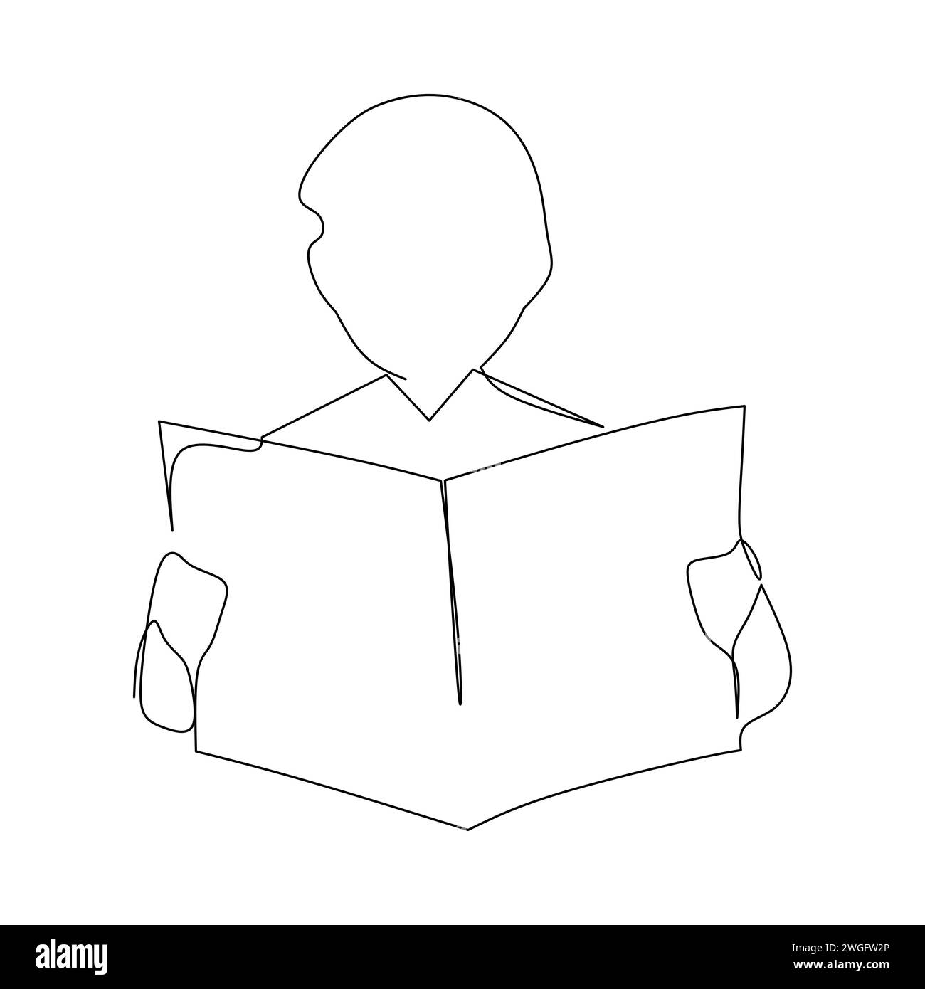 One continuous line drawing of young happy business man holding reads newspaper or tabloid headline news at hotel lobby. Hand draww style design vecto Stock Vector