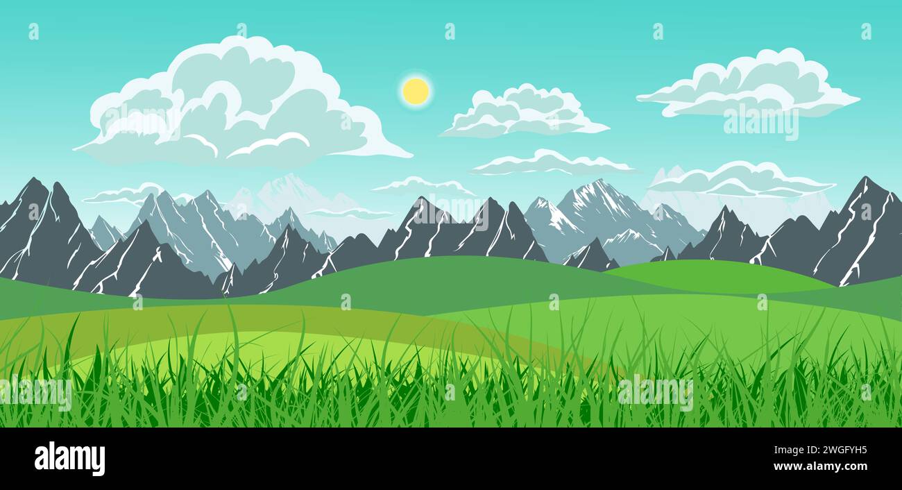 Summer meadow. Sunny mountain summer landscape. hand drawing. Not AI, Vector illustration Stock Vector