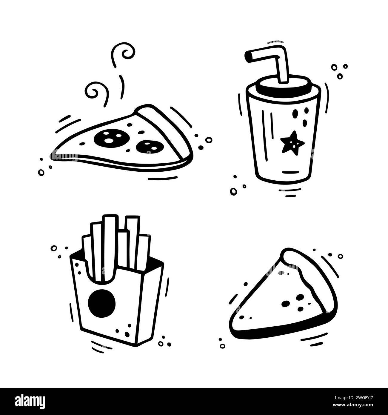 Fast food icons set - Pizza, French fries, paper cup with drink, pie, cake, tart. Hand drawn fast food combo. Comic doodle sketch style. Vector illustration Stock Vector