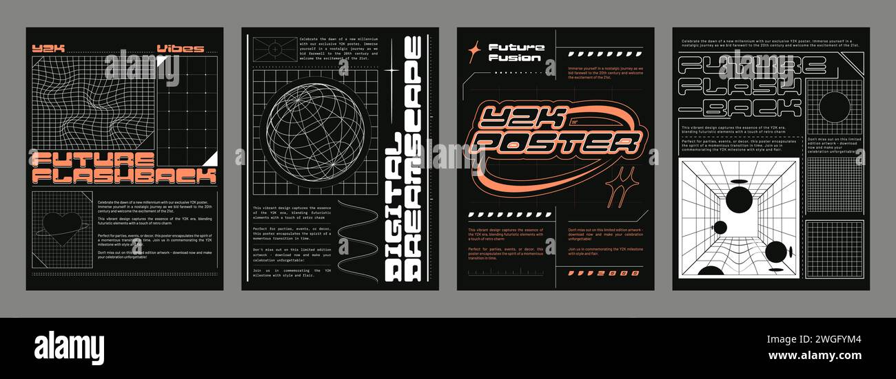 Y2k style techno banners set. Vector realistic illustration of retrowave aesthetic posters with orange text, sine wave lines and wireframe globe on black background, retro futuristic vibe flyers Stock Vector