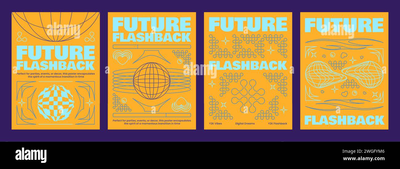 Retro futuristic vibe announcement flyers set. Vector realistic illustration of y2k aesthetic techno banners, retrowave style poster with abstract geometric lines, wireframe globe on orange background Stock Vector