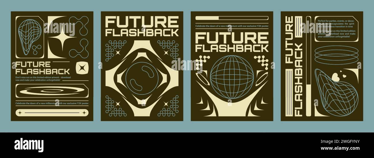 Retro futuristic vibe flyers set. Vector realistic illustration of y2k aesthetic techno banners, retrowave style poster with yellow wireframe globe, abstract geometric lines on black background Stock Vector