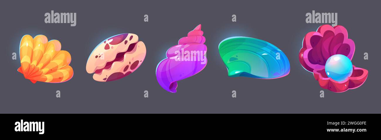 Game ui icon set of sea or ocean shell. Cartoon vector illustration collection of cute underwater creatures with conch. Aquarium and marine bottom seashell and horned clam, open scallop with pearl. Stock Vector